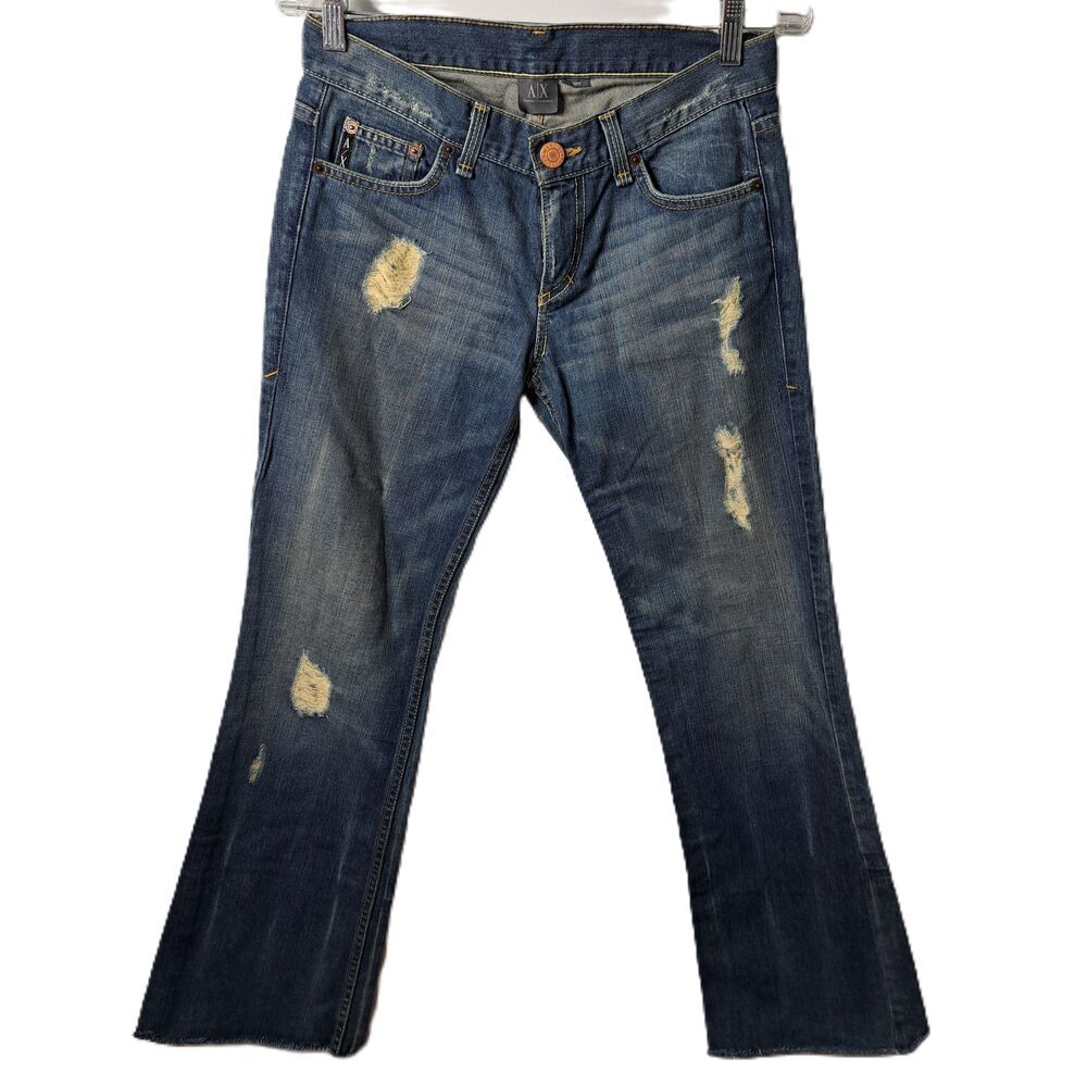 Armani Exchange Womens Medium Wash Distressed Raw Hem Denim Blue Jeans 4-Short